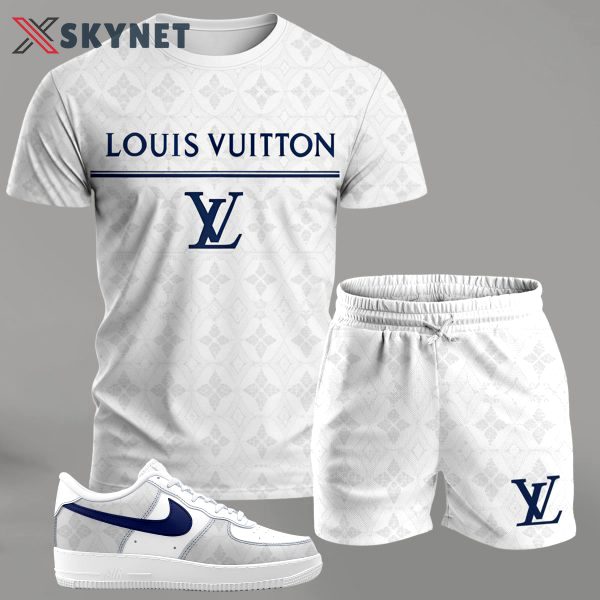 White minimalist streetwear set for men, logo-print t-shirt and shorts combo with blue-accent sneakers T-Shirt Short Sneakers Set