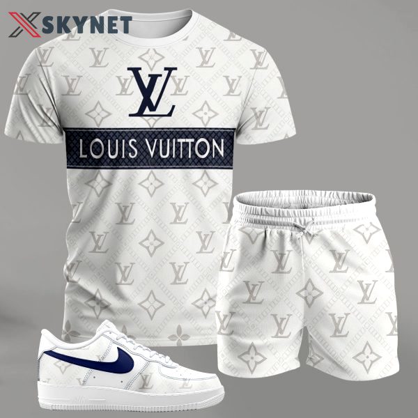 White monogram streetwear set for men, contrast stripe t-shirt and matching shorts with blue-accent sneakers T-Shirt Short Sneakers Set