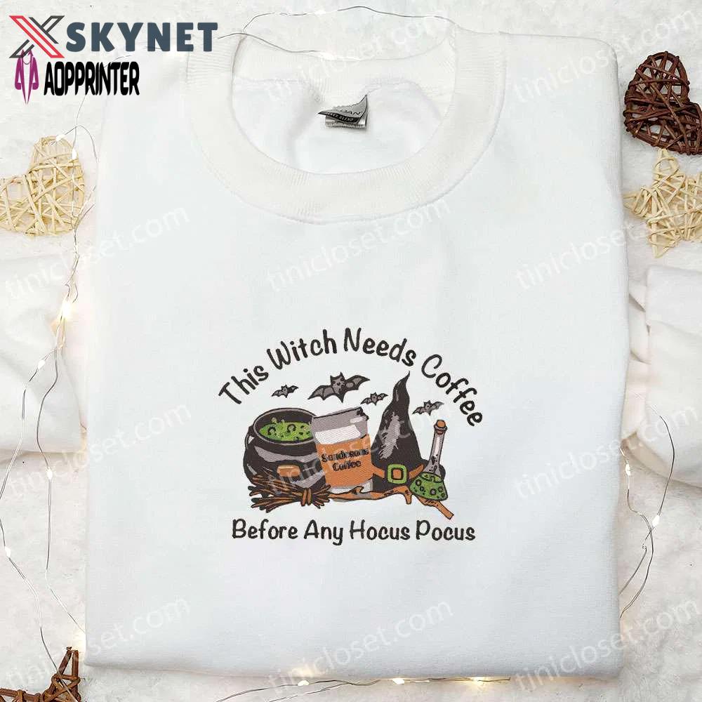 Witch s hocus pocus embroidered shirt: the perfect halloween gift for coffee lovers Embroidered Shirt