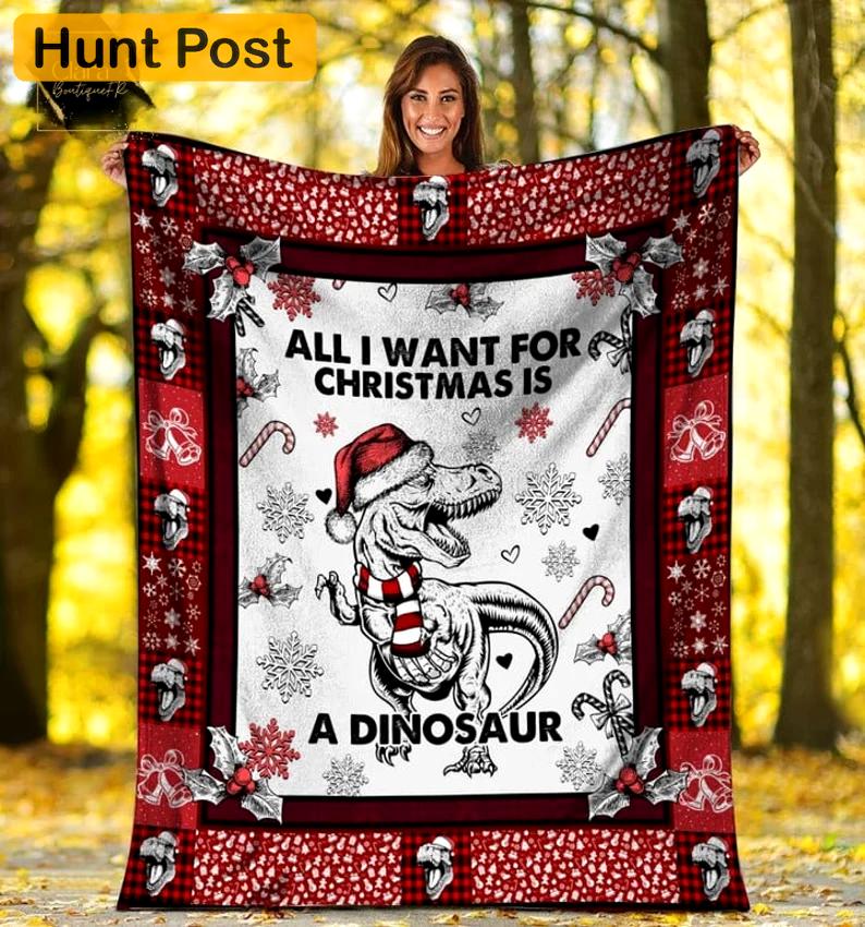All i want for christmas is a dinosaur xmas fleece blanket, mink sherpa blanket, dinosaur lover gift, dinosaur xmas blanket, christmas quilt Quilt Blanket