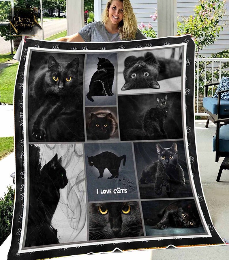 Black cat fleece blanket, mink sherpa blanket, i love cat blanket, black cat quilt, pet lover gift, cat blanket Quilt Blanket