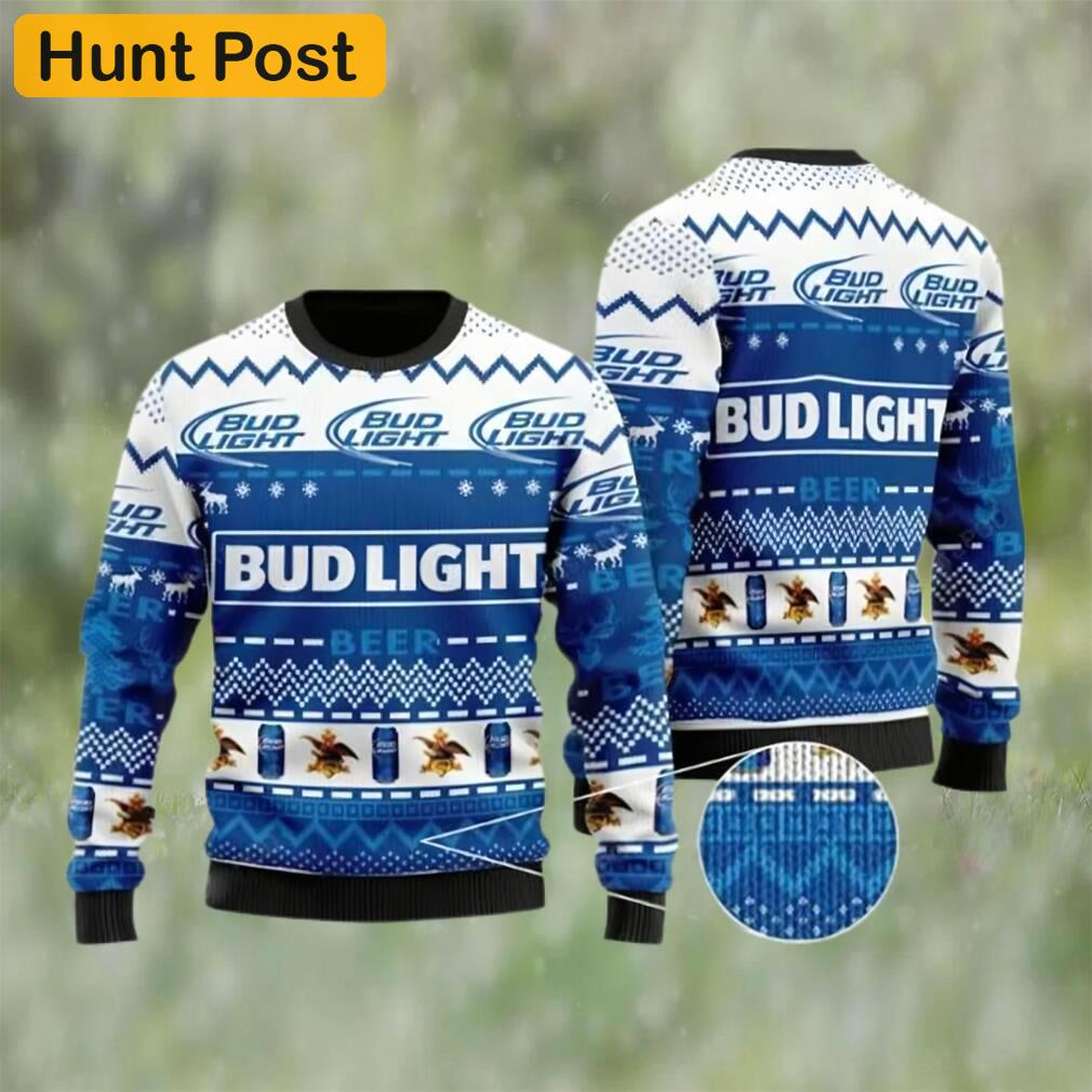 Bud light beer white blue color ugly christmas sweater, faux wool sweater, international beer day, gifts for beer lovers, best christmas gifts for 2022 ? prinvity Christmas Ugly Sweater