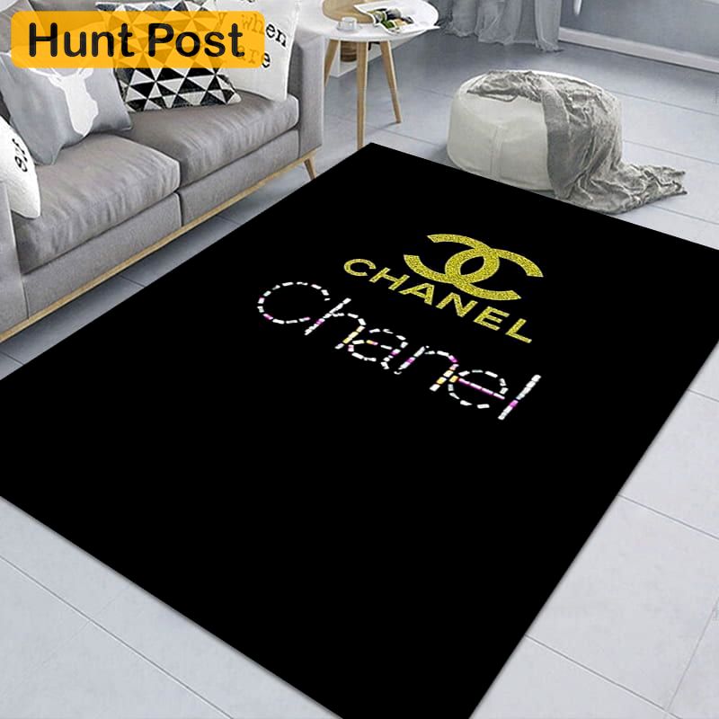 Chanel black logo type 546. Upgrade Your Living Room with Luxury Home Decor: Area Carpets, Floor Decor, Door Mats, and Hot Gift Items with style a High-End Fashion Brand Rectangle Rug