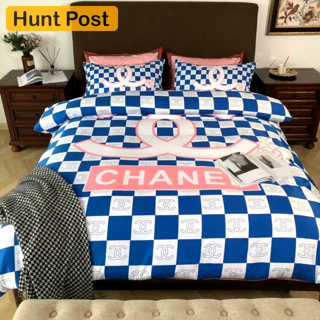 Chanel caro logo bedding 3d printed bedding sets quilt sets duvet cover luxury brand bedding decor bedroom sets best luxury bed sets gift thankgivings and christmas Bedding Sets