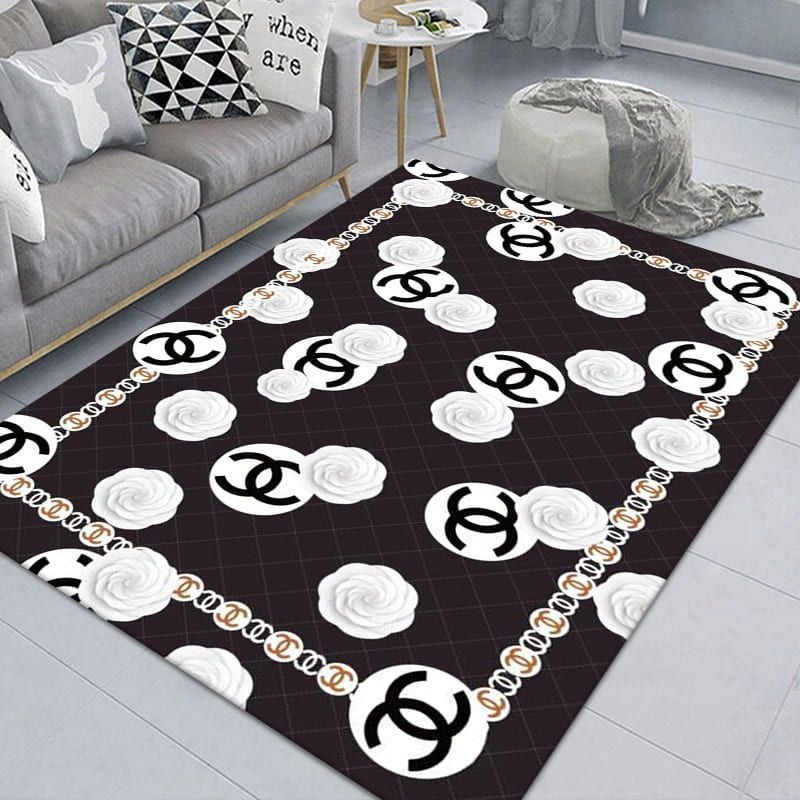 Chanel flowers logo type 548. Upgrade Your Living Room with Luxury Home Decor: Area Carpets, Floor Decor, Door Mats, and Hot Gift Items with style a High-End Fashion Brand Rectangle Rug