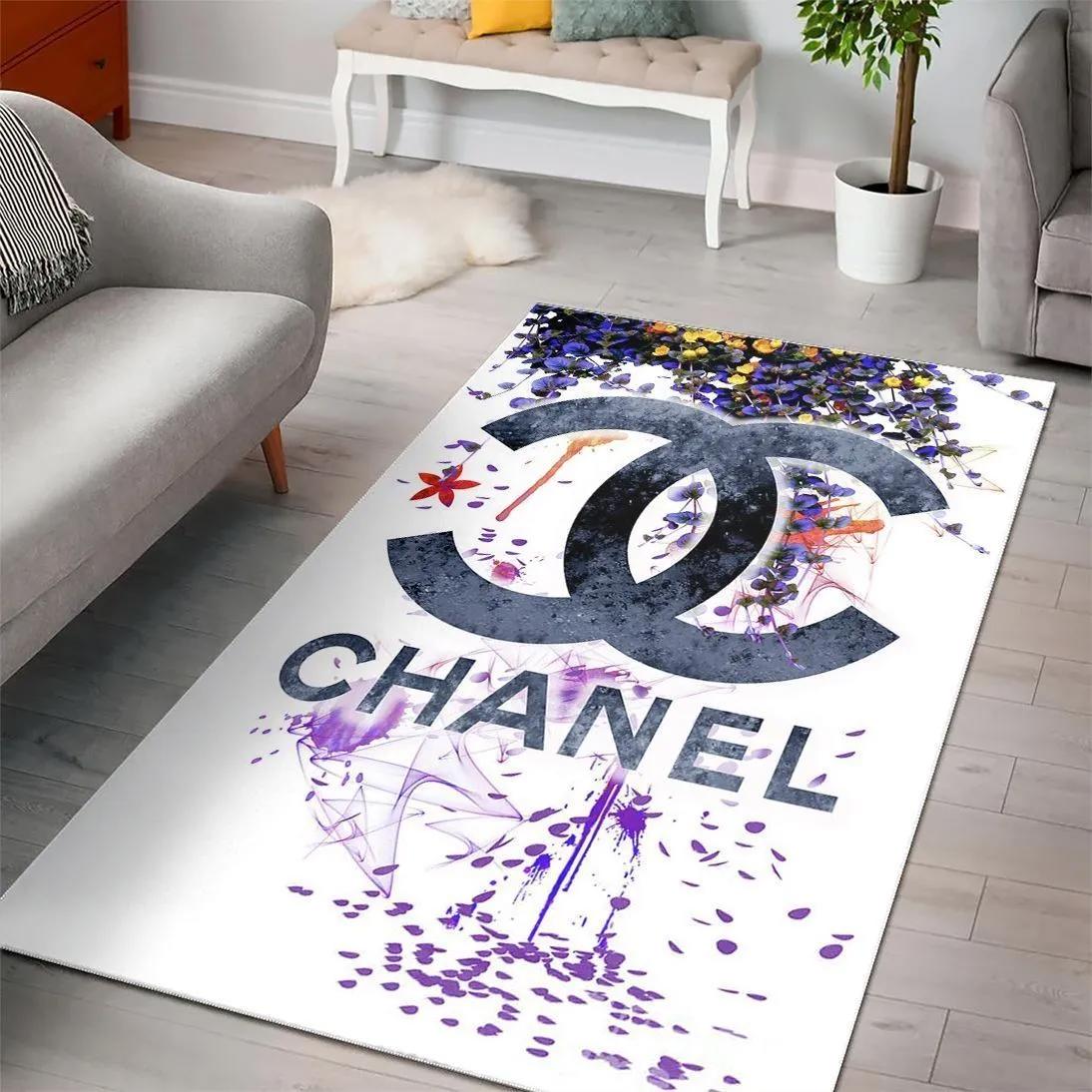 Chanel white black logo type 525. Upgrade Your Living Room with Luxury Home Decor: Area Carpets, Floor Decor, Door Mats, and Hot Gift Items with style a High-End Fashion Brand Rectangle Rug