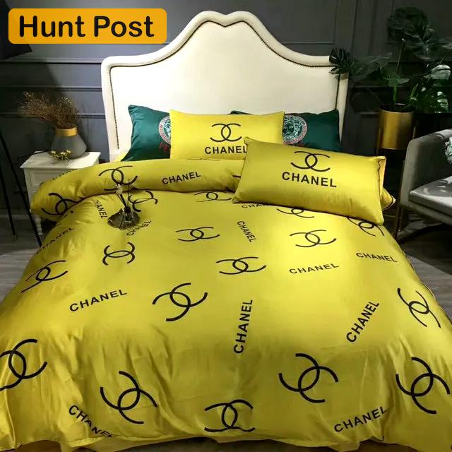 Chanel yellow bedding 3d printed bedding sets hot quilt sets duvet cover luxury brand bedding decor bedroom sets best luxury bed sets gift thankgivings and christmas Bedding Sets