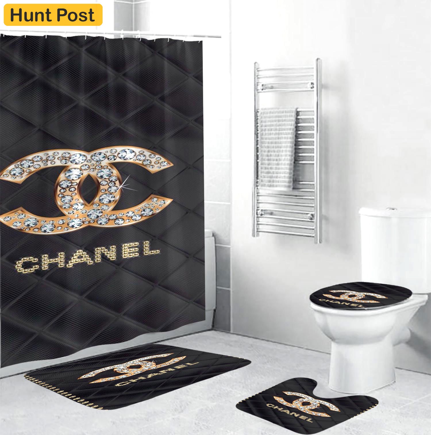 Coco chanel golden logo with full of diamonds in argyle background bathroom set shower curtain Bathroom Set
