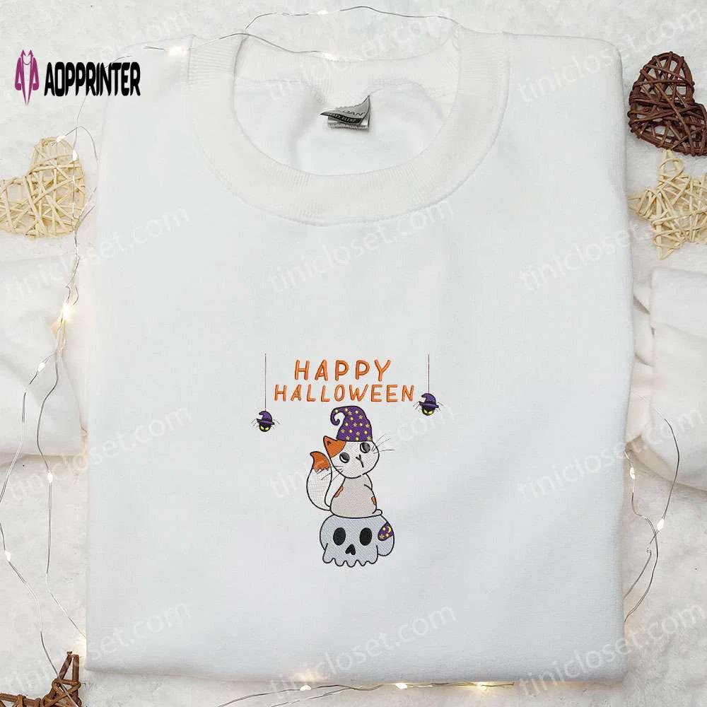 Cute happy halloween cat & skull embroidered shirt: best family gifts Embroidered Shirt