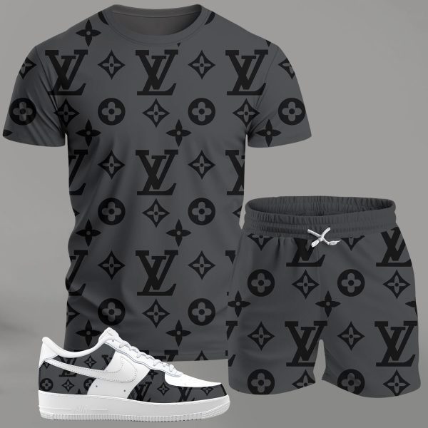 Grey monogram streetwear set for men, all-over pattern t-shirt and shorts combo with contrast sneakers T-Shirt Short Sneakers Set