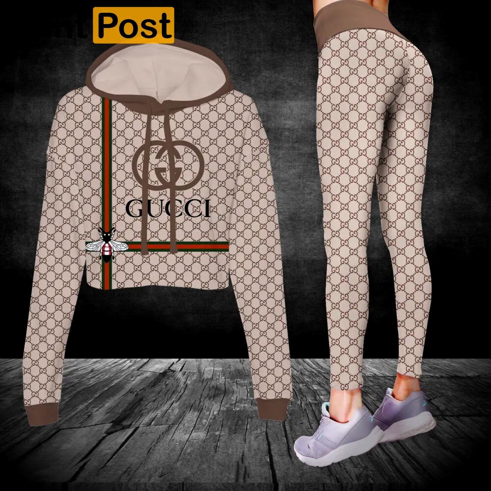 Gucci bee cream luxury brand clothes leggings and crop top set for women Croptop Hoodie Legging Set