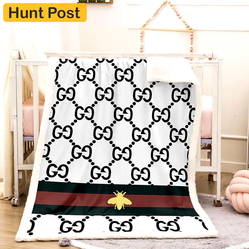Gucci bee white logo beige luxury brand premium blanket fleece home decor 35 Blanket Fleece