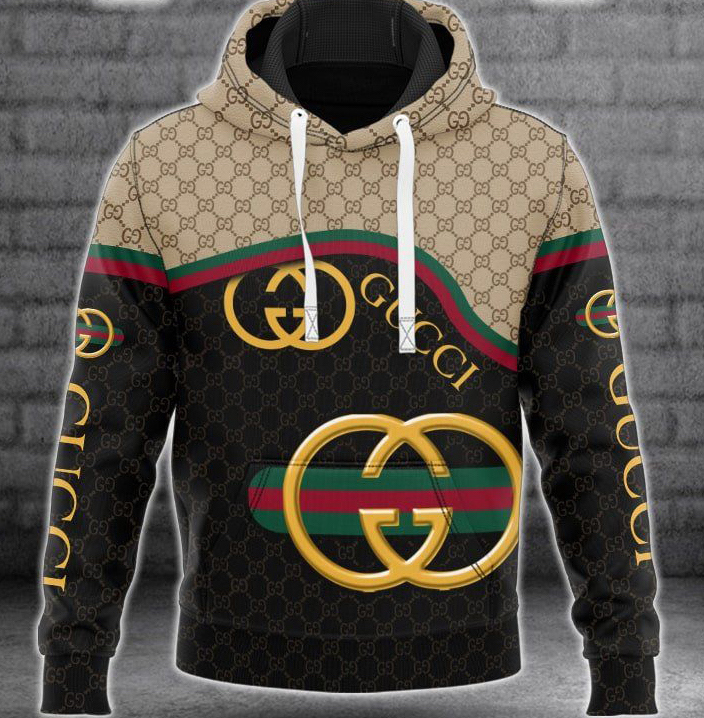 Gucci black beige golden logo fashion luxury brand hoodie for men women Hoodie 3D