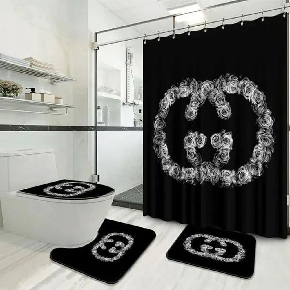 Gucci black flower bathroom set luxury shower curtain bath rug mat home decor Bathroom Set
