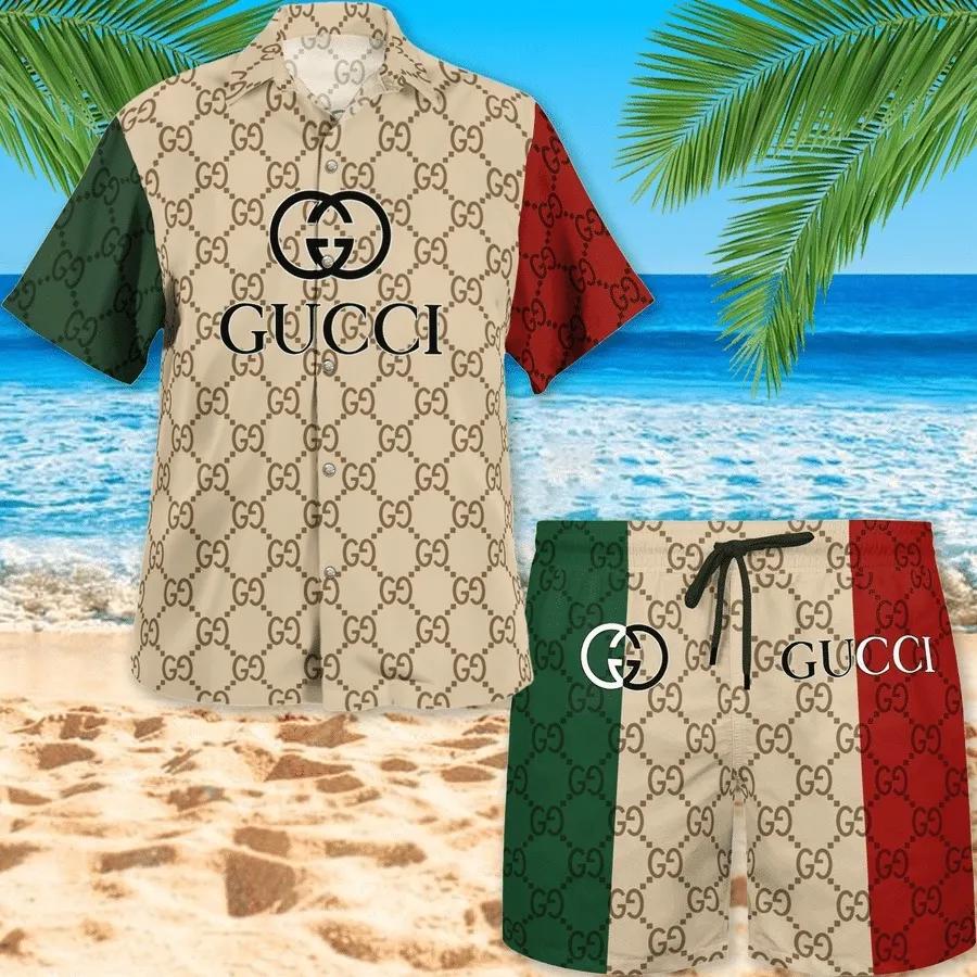 Gucci brand green red hawaiian shirt beach short Hawaii Shirt Shorts & Flip Flops