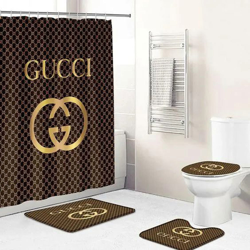 Gucci brown gold logo type 1725 Bathroom Accessory Sets Bathroom Sets Toilet Cover Pedestal Rug Luxury Fashion Brand Bath Mat Set Hypebeast Bathroom Home Decor Waterproof Shower Curtain