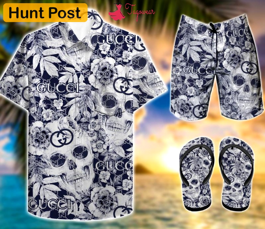 Gucci combo hawaiian shirt, beach shorts flip flops luxury summer clothes style #449 Hawaii Shirt Shorts & Flip Flops