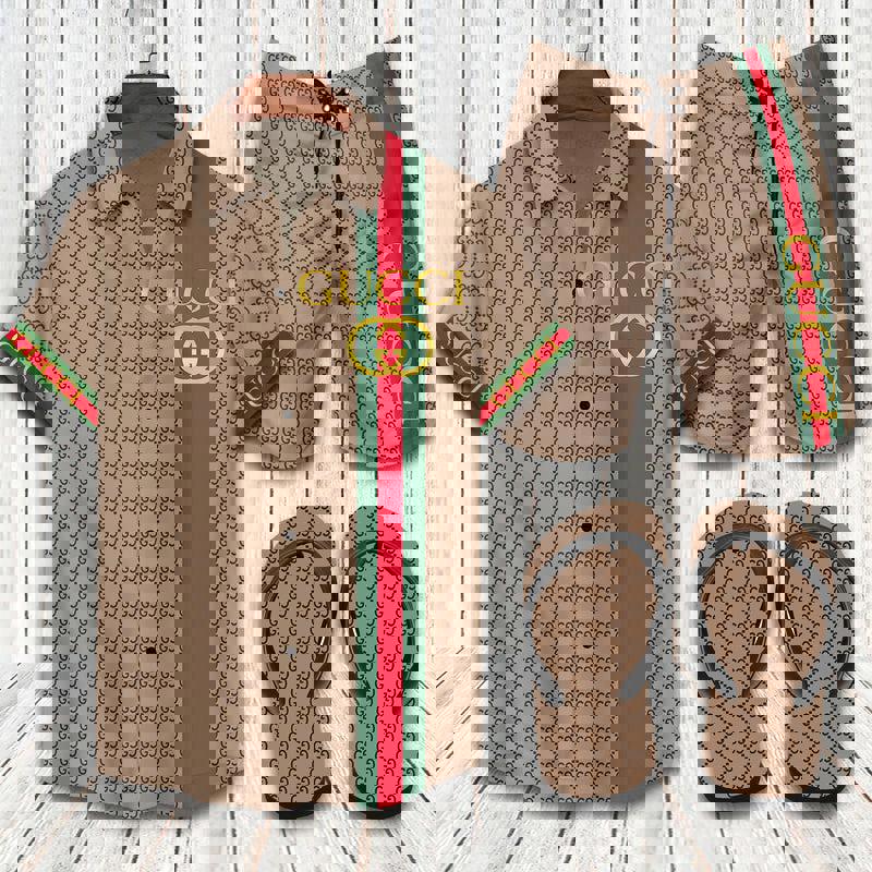 Gucci flip flops and combo hawaii shirt shorts luxury brand summer outfit 2 Hawaii Shirt Shorts & Flip Flops