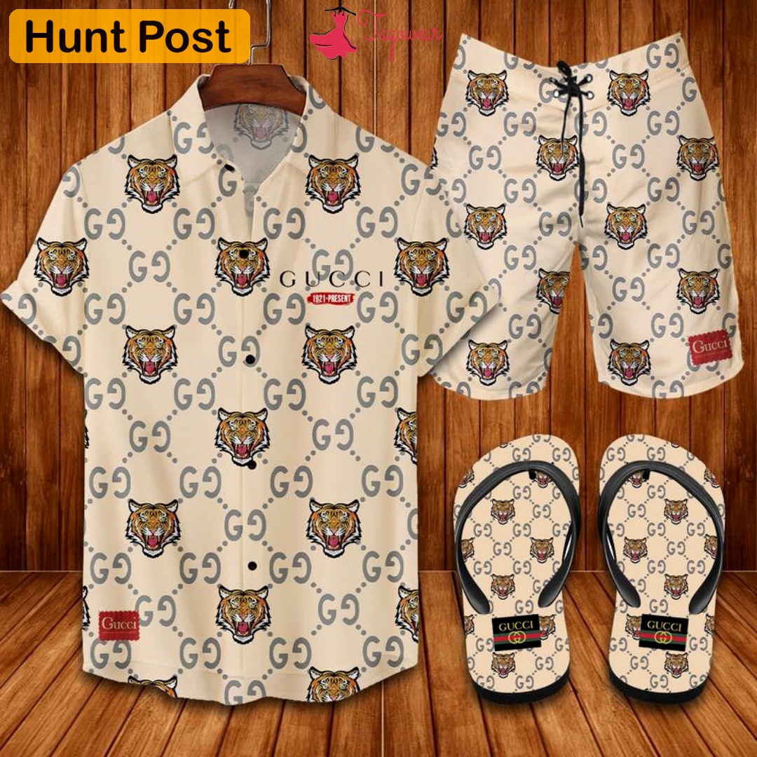 Gucci flip flops and combo hawaiian shirt, beach shorts luxury summer clothes style #414 Hawaii Shirt Shorts & Flip Flops