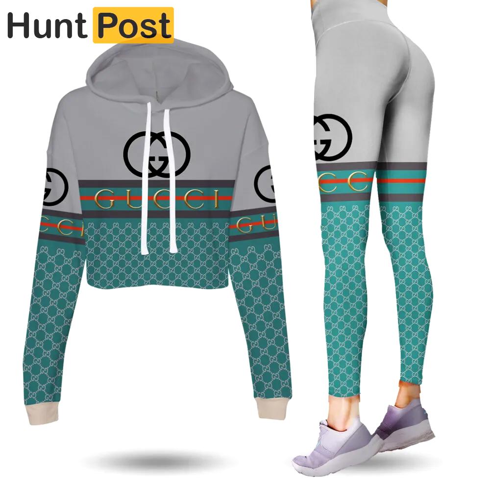 Gucci grey light blue luxury brand clothes leggings and crop top set for women Croptop Hoodie Legging Set