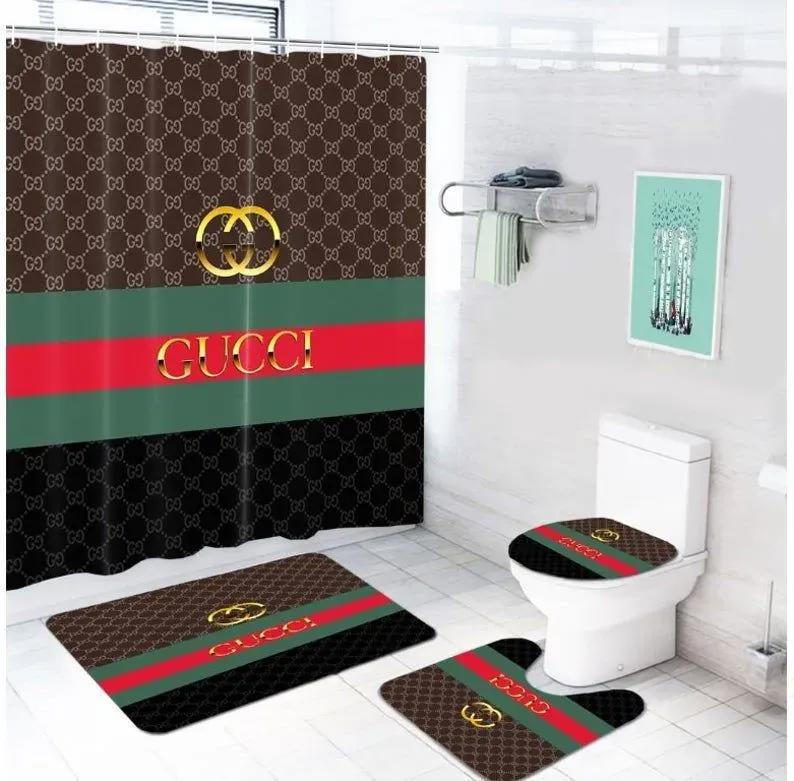 Gucci logo type 637 Bathroom Accessory Sets Bathroom Sets Pedestal Rug Waterproof Shower Curtain Luxury Fashion Brand Hypebeast Bathroom Bath Mat Set Home Decor Toilet Cover