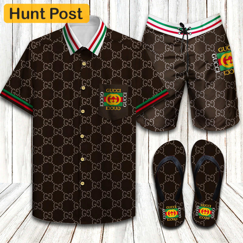 Gucci luxury brand limited unisex combo hawaiian shirt shorts and flip flops Hawaii Shirt Shorts & Flip Flops