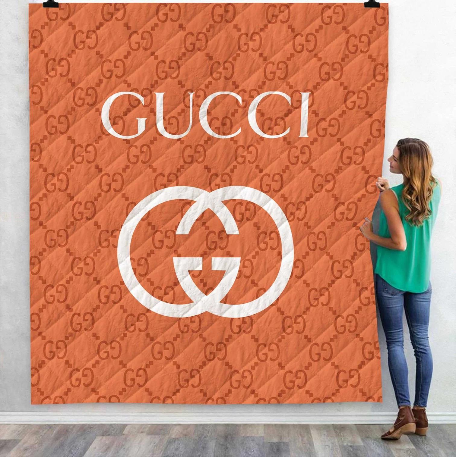 Gucci orange fashion luxury brand premium blanket fleece home decor 128 Blanket Fleece