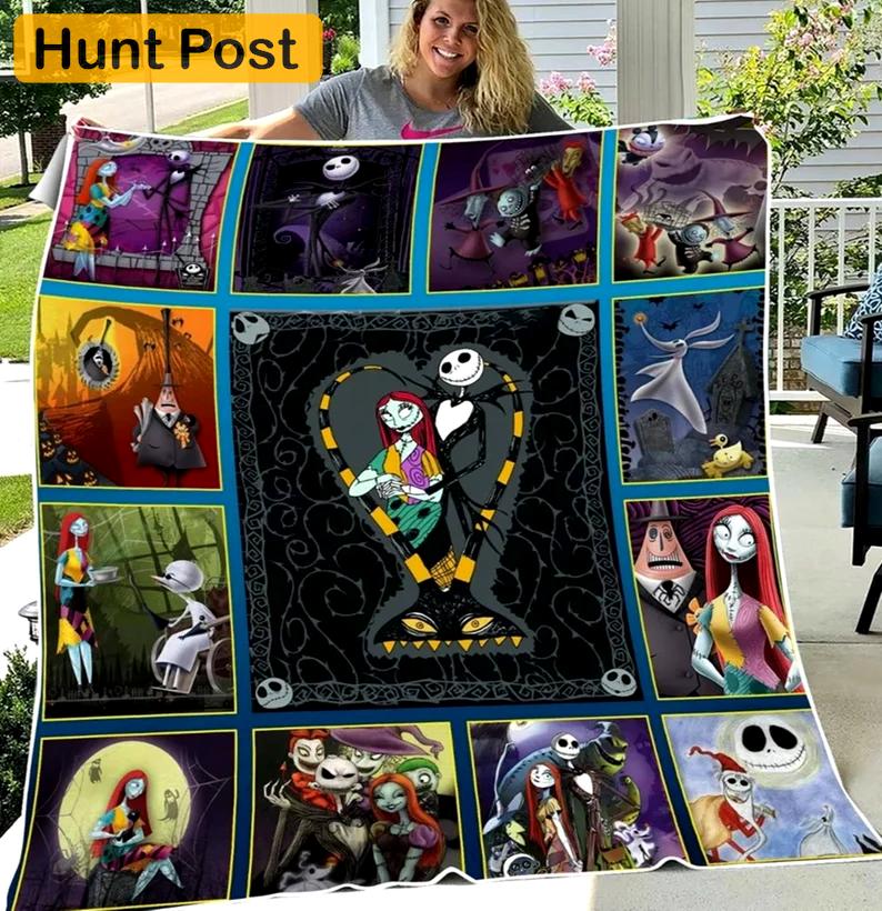 Halloween decorations nightmare before christmas fleece blanket, jack skellington and sally blanket, halloween gifts, christmas gifts, valentine day gifts Quilt Blanket
