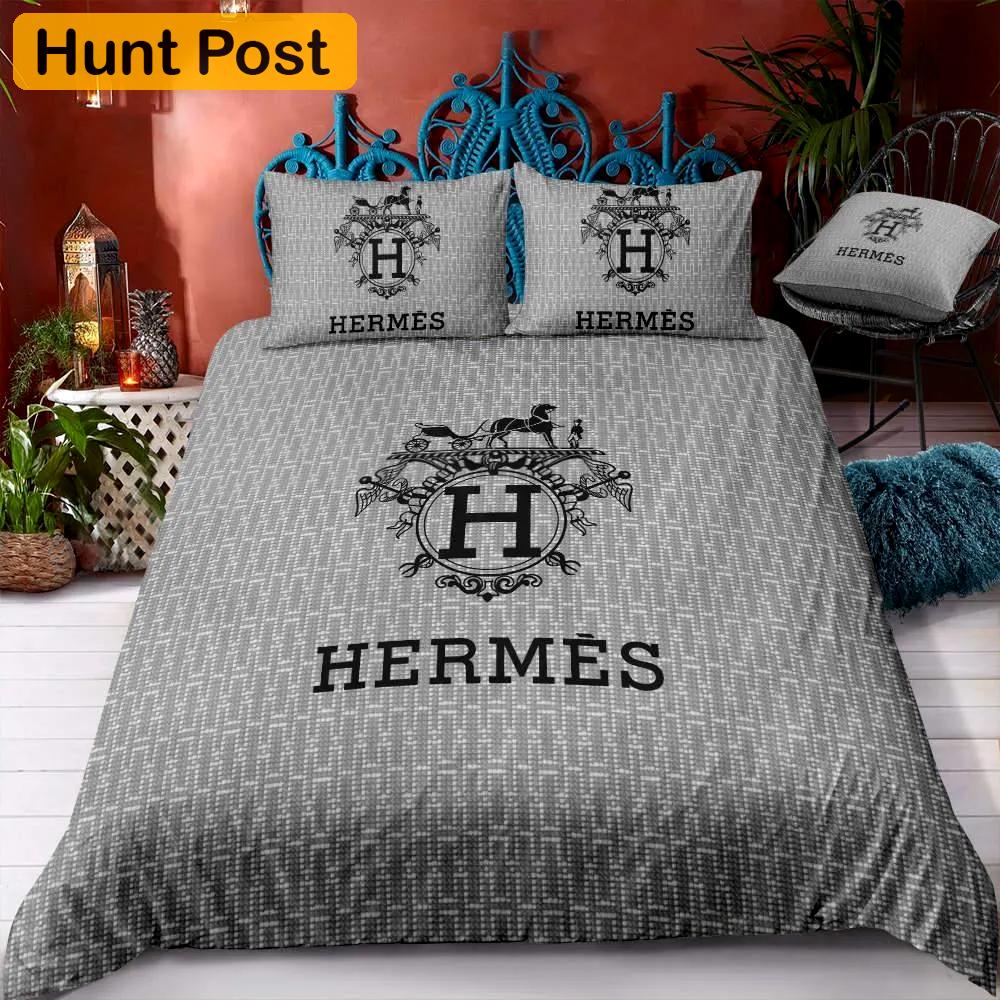 Hermes grey luxury brand bedding sets bedspread duvet cover set, bedroom decor , thanksgiving decorations for home best luxury bed sets gift thankgivings and christmas Bedding Sets