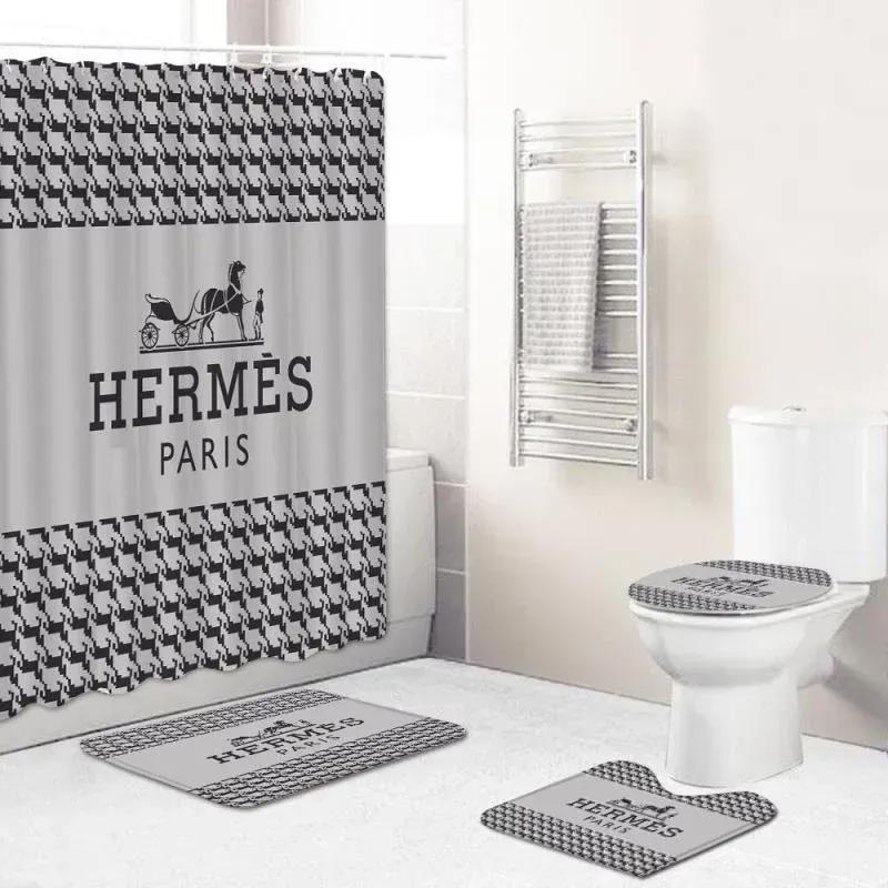 Hermes logo type 1553 Bathroom Accessory Sets Luxury Fashion Brand Waterproof Shower Curtain Bath Mat Set Pedestal Rug Hypebeast Bathroom Home Decor Bathroom Sets Toilet Cover