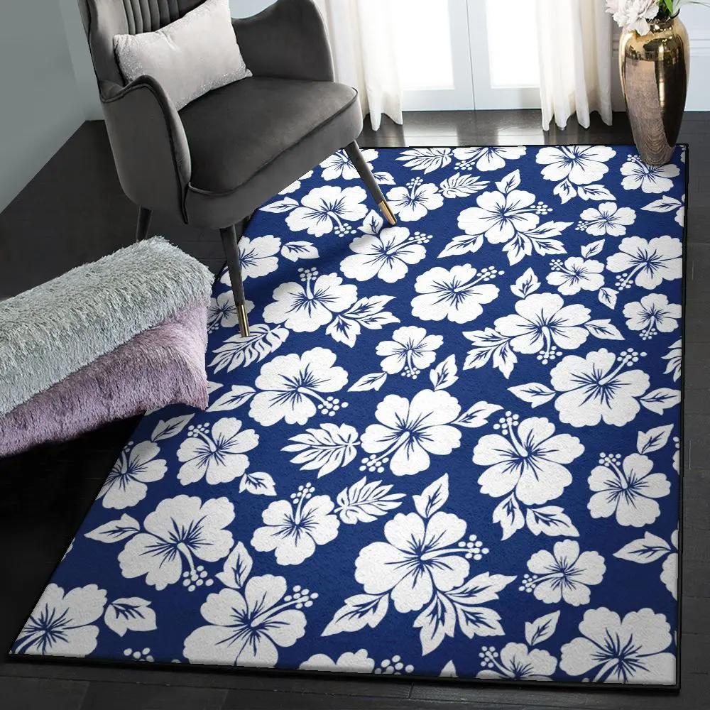 Hibiscus kitchen rugs, white blue hibiscus floral gs cl rug Rectangle Rug