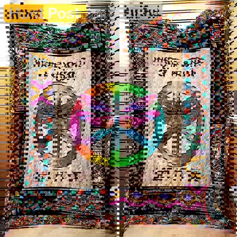 Hippie dragonfly fleece blanket, whisper words of wisdom let it be blanket, hippie peace symbol blanket, birthday gifts, christmas gifts Quilt Blanket