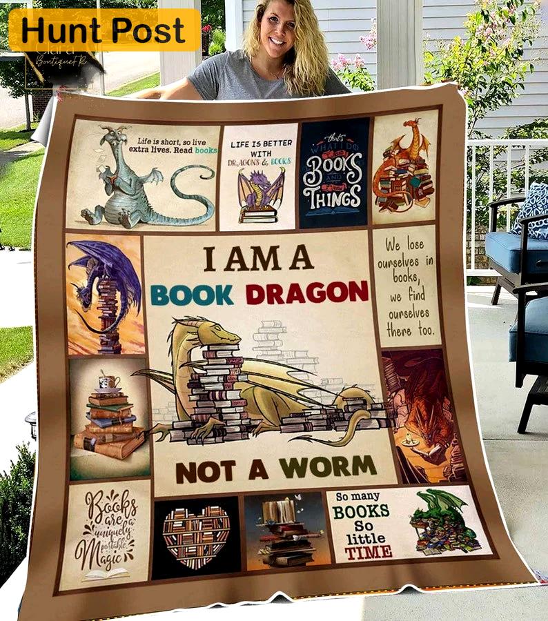 I am a book dragon not a worm fleece blanket, mink sherpa blanket, reading lover gift, book blanket, bookworm gift, dragon blanket Quilt Blanket
