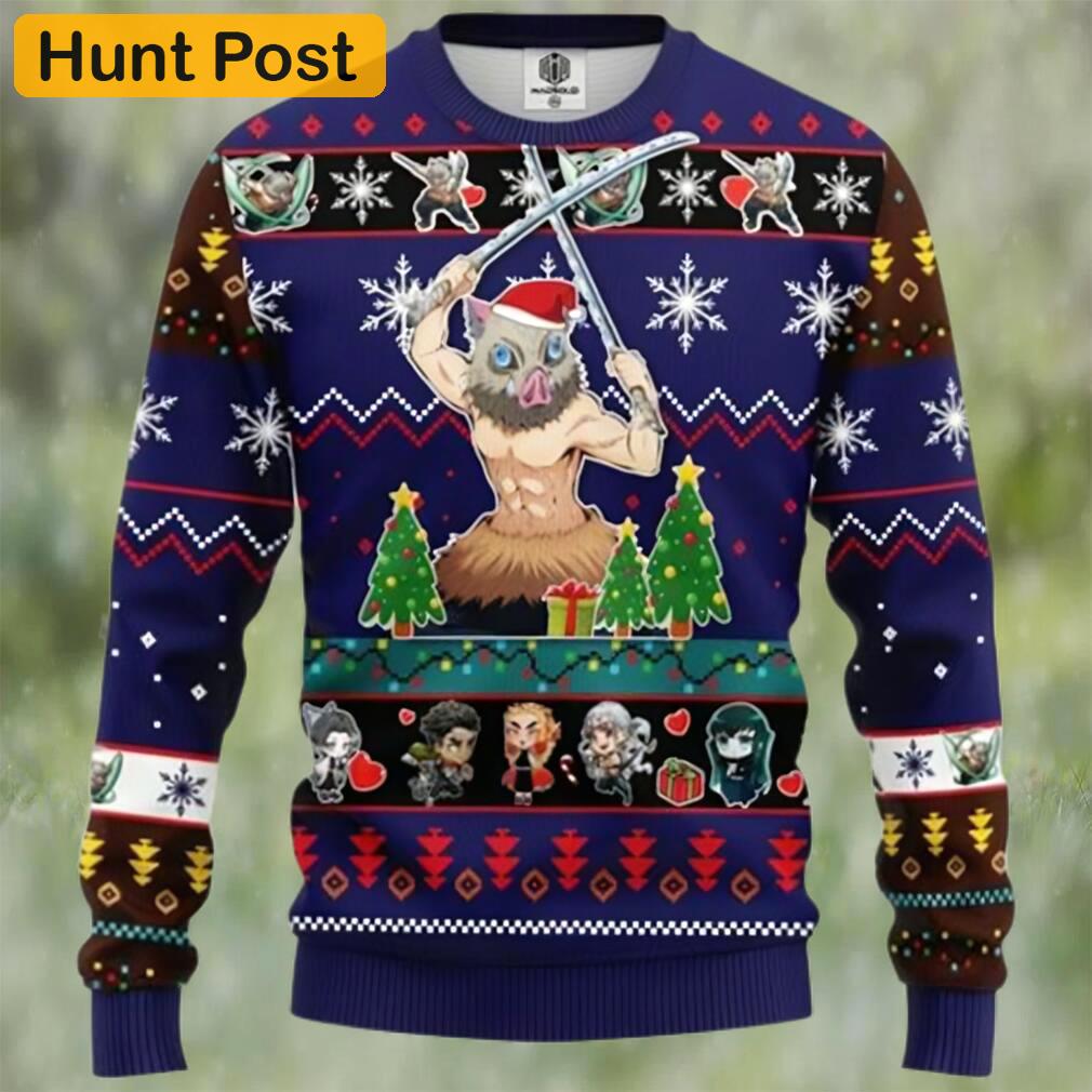 Inosuke hashibira blue demon slayer chibi demon slayer ugly christmas sweater Christmas Ugly Sweater