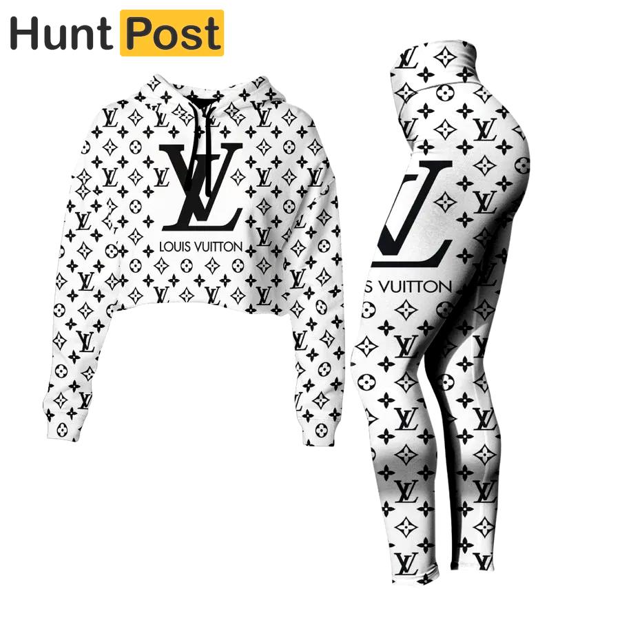 Louis vuitton black white luxury brand clothes premium leggings and crop top set for women Croptop Hoodie Legging Set
