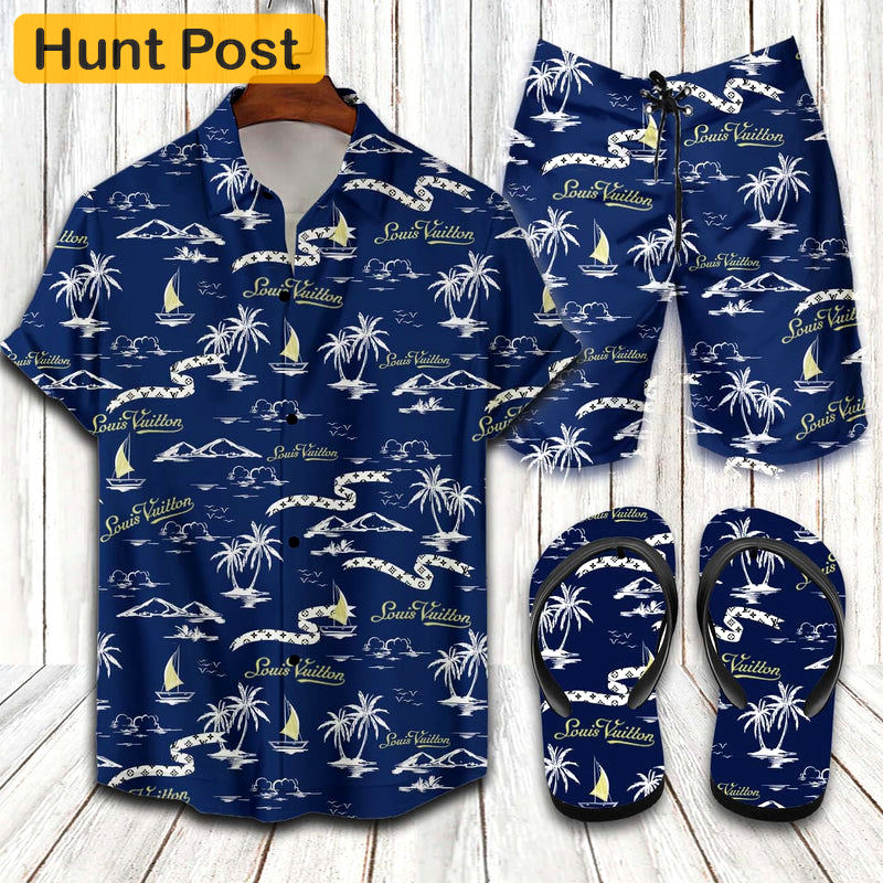 Louis vuitton blue summer hawaiian shirt beach shorts and flip flops combo Hawaii Shirt Shorts & Flip Flops