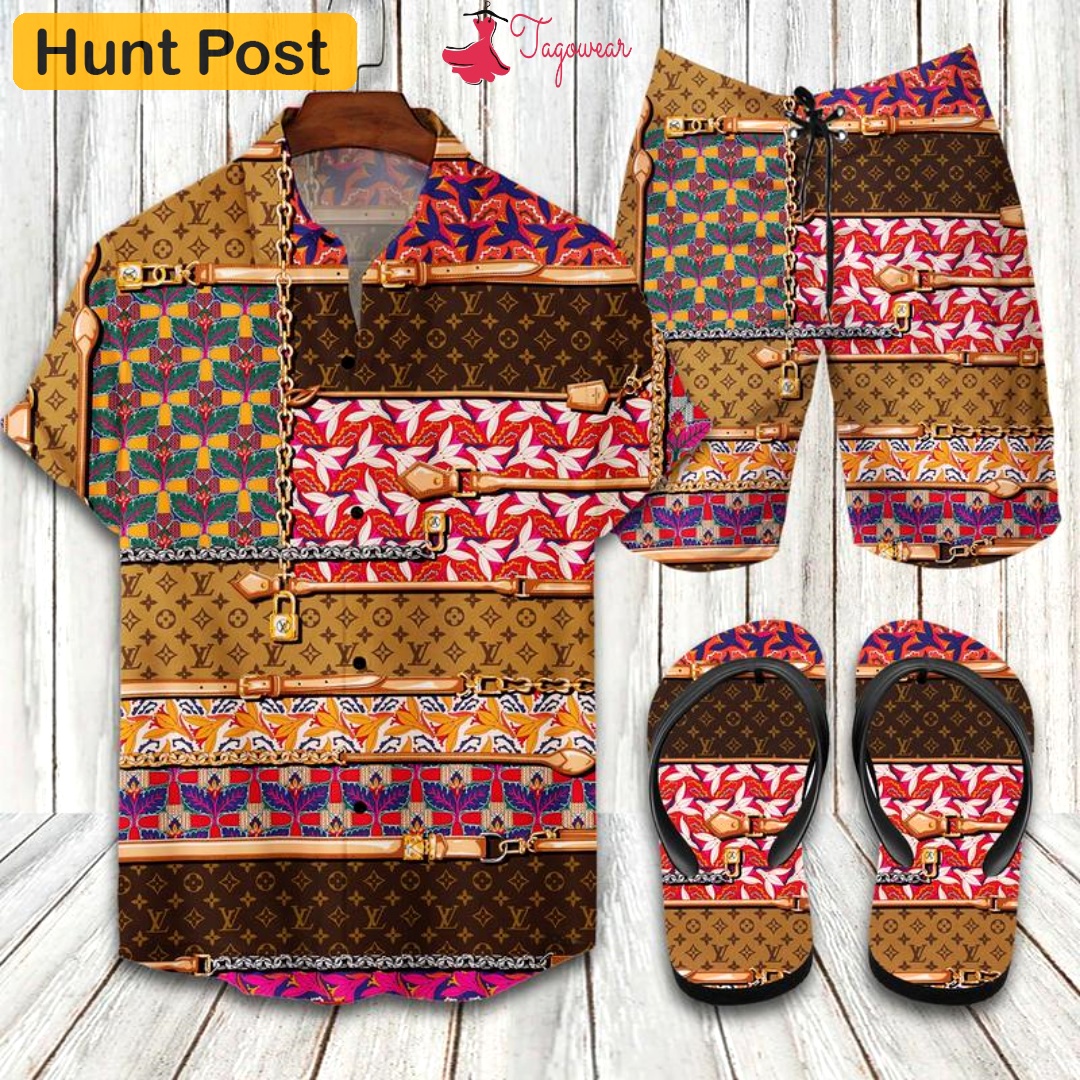 Louis vuitton flip flops and combo hawaiian shirt, beach shorts luxury summer clothes style #265 Hawaii Shirt Shorts & Flip Flops