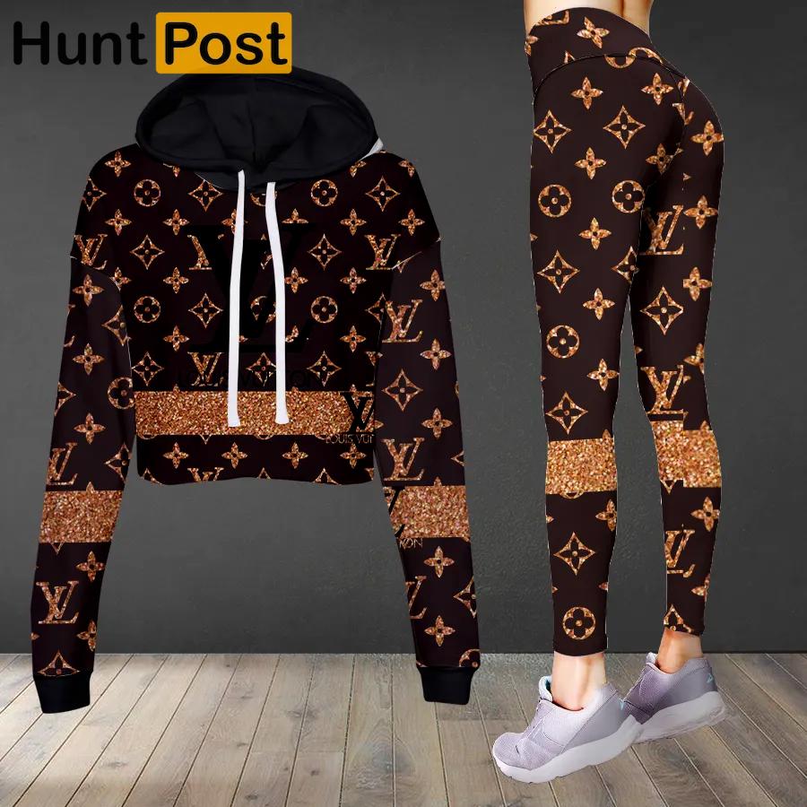 Louis vuitton golden logo luxury brand clothes leggings and crop top set for women Croptop Hoodie Legging Set