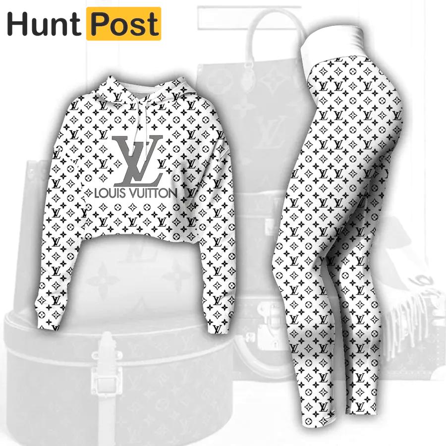 Louis vuitton grey logo black white luxury brand clothes premium leggings and crop top set for women Croptop Hoodie Legging Set