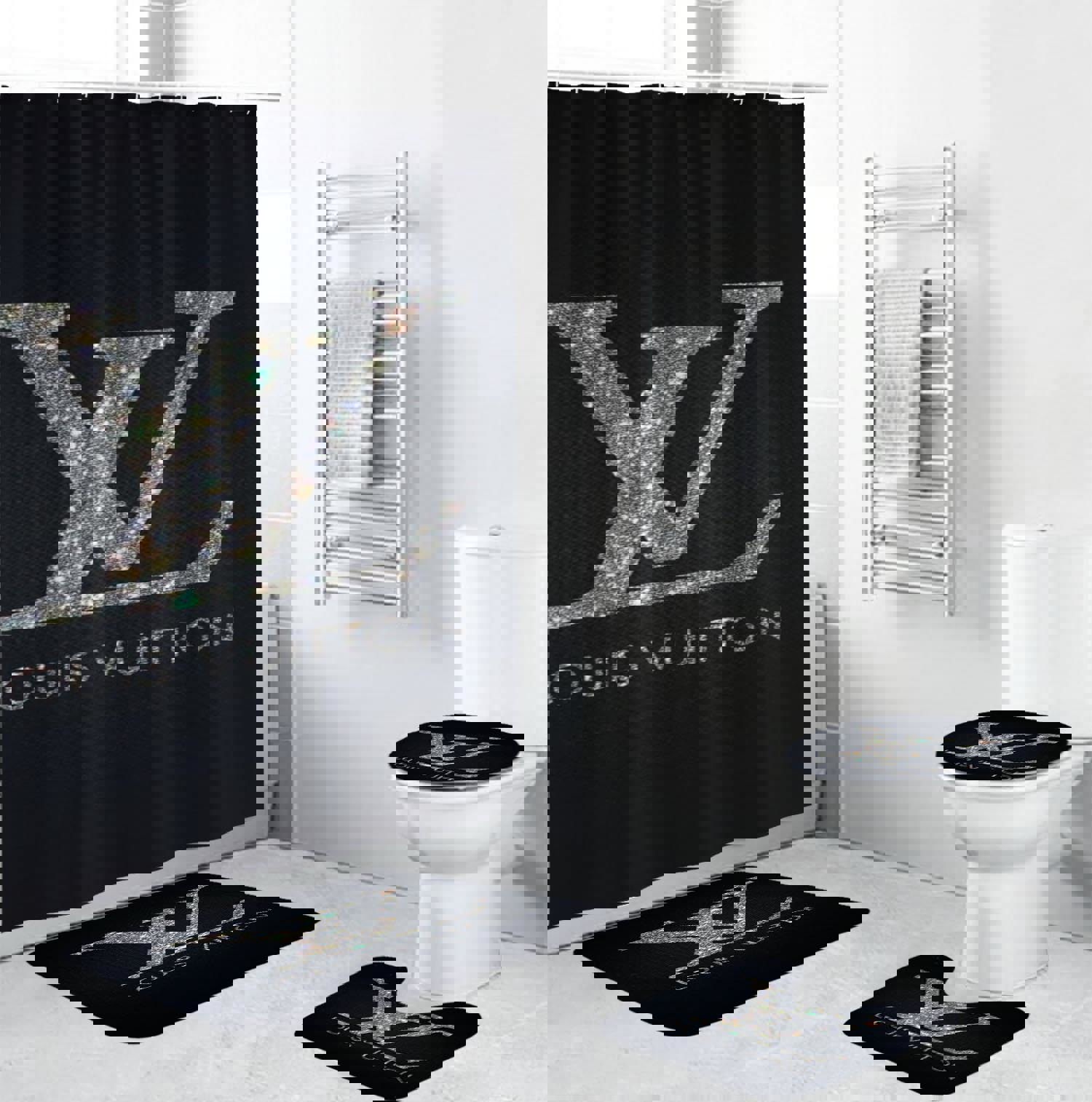Louis vuitton lv glitter logo type 1606 Bathroom Accessory Sets Luxury Fashion Brand Home Decor Toilet Cover Bathroom Sets Pedestal Rug Hypebeast Bathroom Bath Mat Set Waterproof Shower Curtain