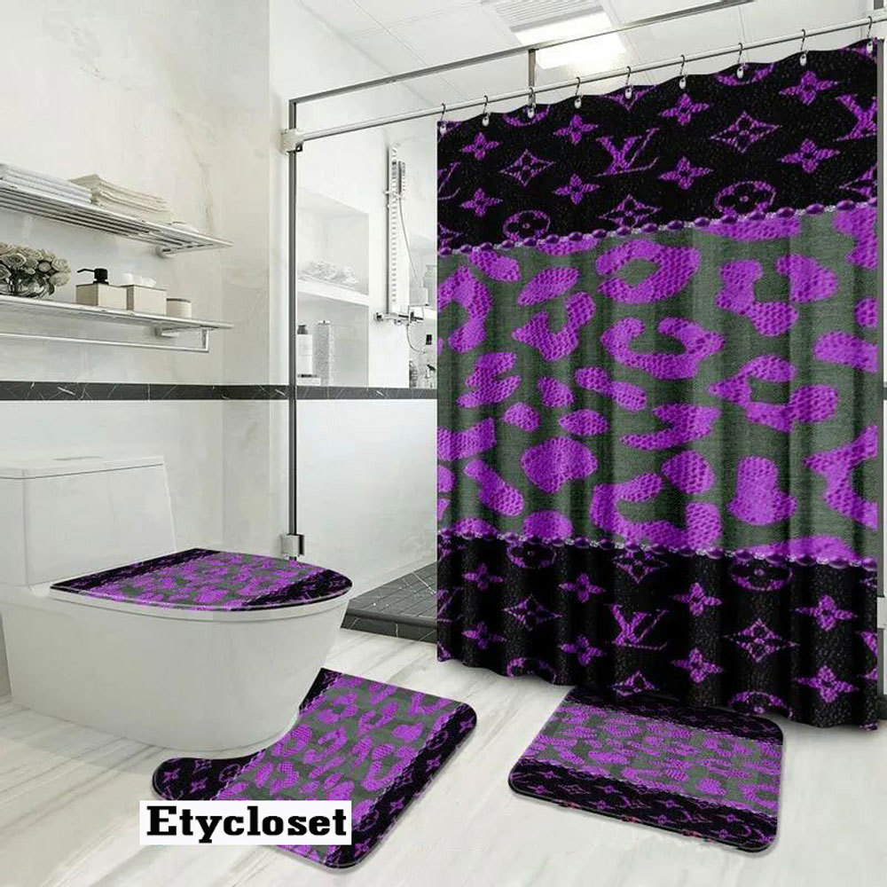 Louis vuitton lv purple leopard luxury fashion brand bath mat hypebeast home decor bathroom sets Bathroom Set