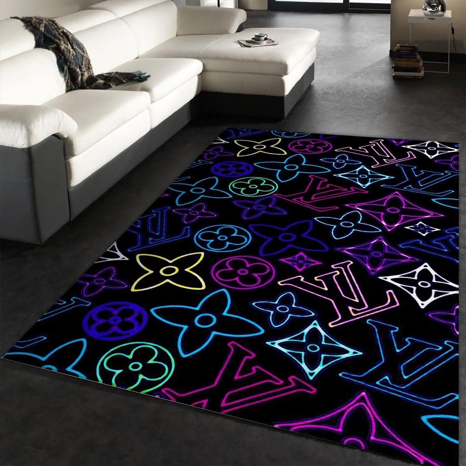 Louis vuitton neon logo type 77. Upgrade Your Living Room with Luxury Home Decor: Area Carpets, Floor Decor, Door Mats, and Hot Gift Items with style a High-End Fashion Brand Rectangle Rug