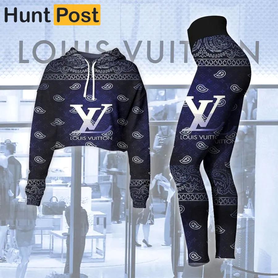 Louis vuitton pattern dark blue luxury brand clothes leggings and crop top set for women Croptop Hoodie Legging Set