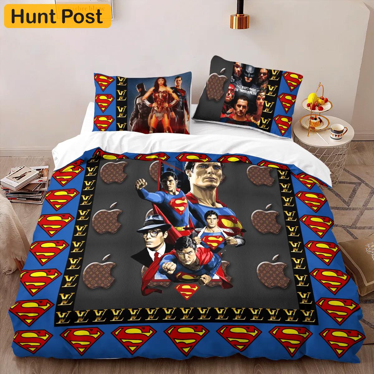 Louis vuitton superman logo edition luxury brand high-end bedding sets lv, bedroom decor , thanksgiving decorations for home best luxury bed sets gift thankgivings and christmas Bedding Sets