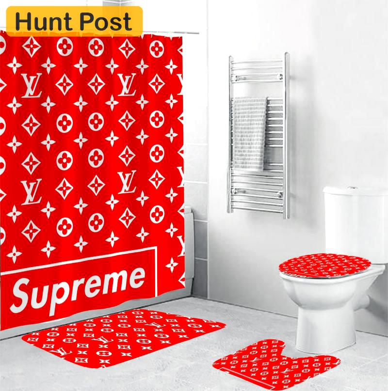 Louis vuitton supreme red fashion logo luxury brand bathroom set home decor Bathroom Set