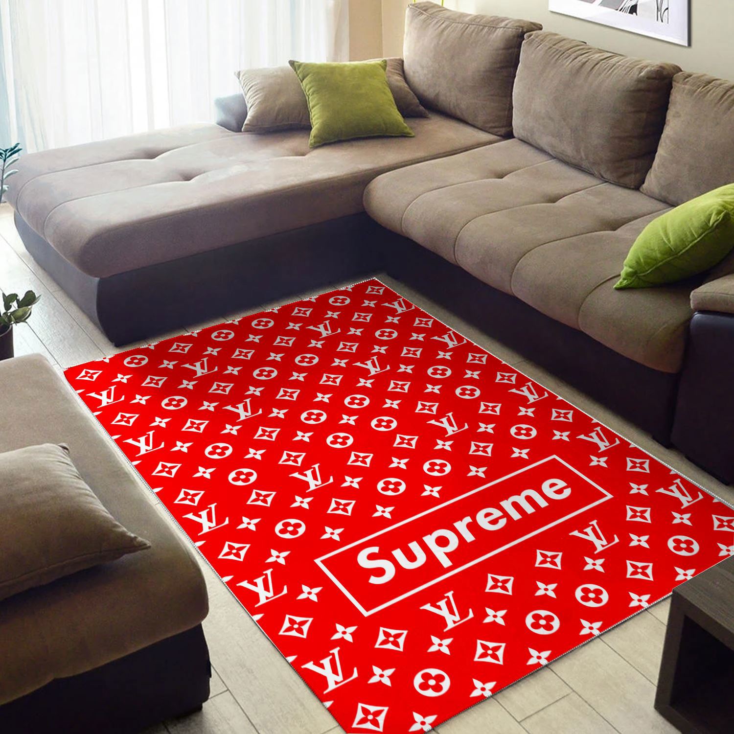 Louis vuitton supreme red logo type 638. Upgrade Your Living Room with Luxury Home Decor: Area Carpets, Floor Decor, Door Mats, and Hot Gift Items with style a High-End Fashion Brand Rectangle Rug