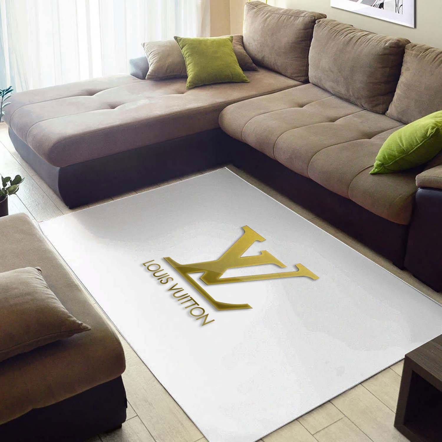 Louis vuitton with gold louis vuitton logo type 73. Upgrade Your Living Room with Luxury Home Decor: Area Carpets, Floor Decor, Door Mats, and Hot Gift Items with style a High-End Fashion Brand Rectangle Rug