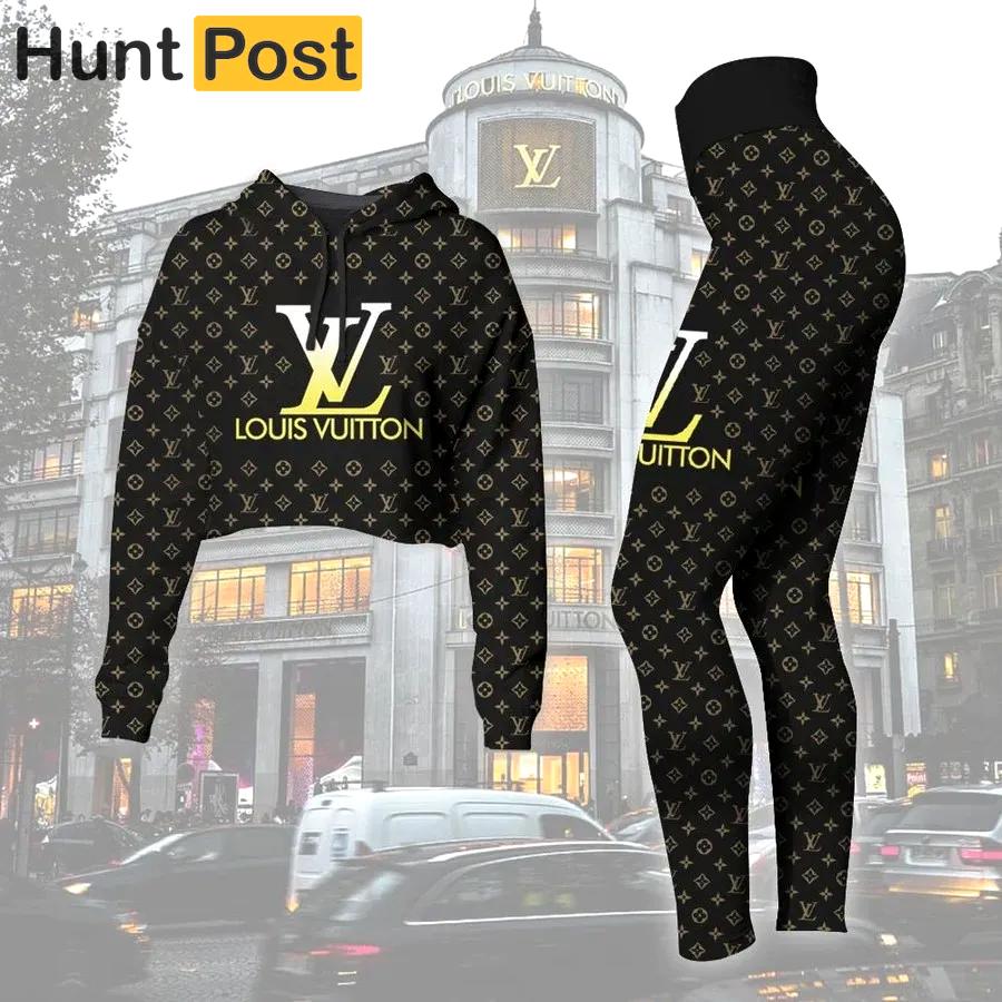 Louis vuitton yellow logo black luxury brand clothes premium leggings and crop top set for women Croptop Hoodie Legging Set