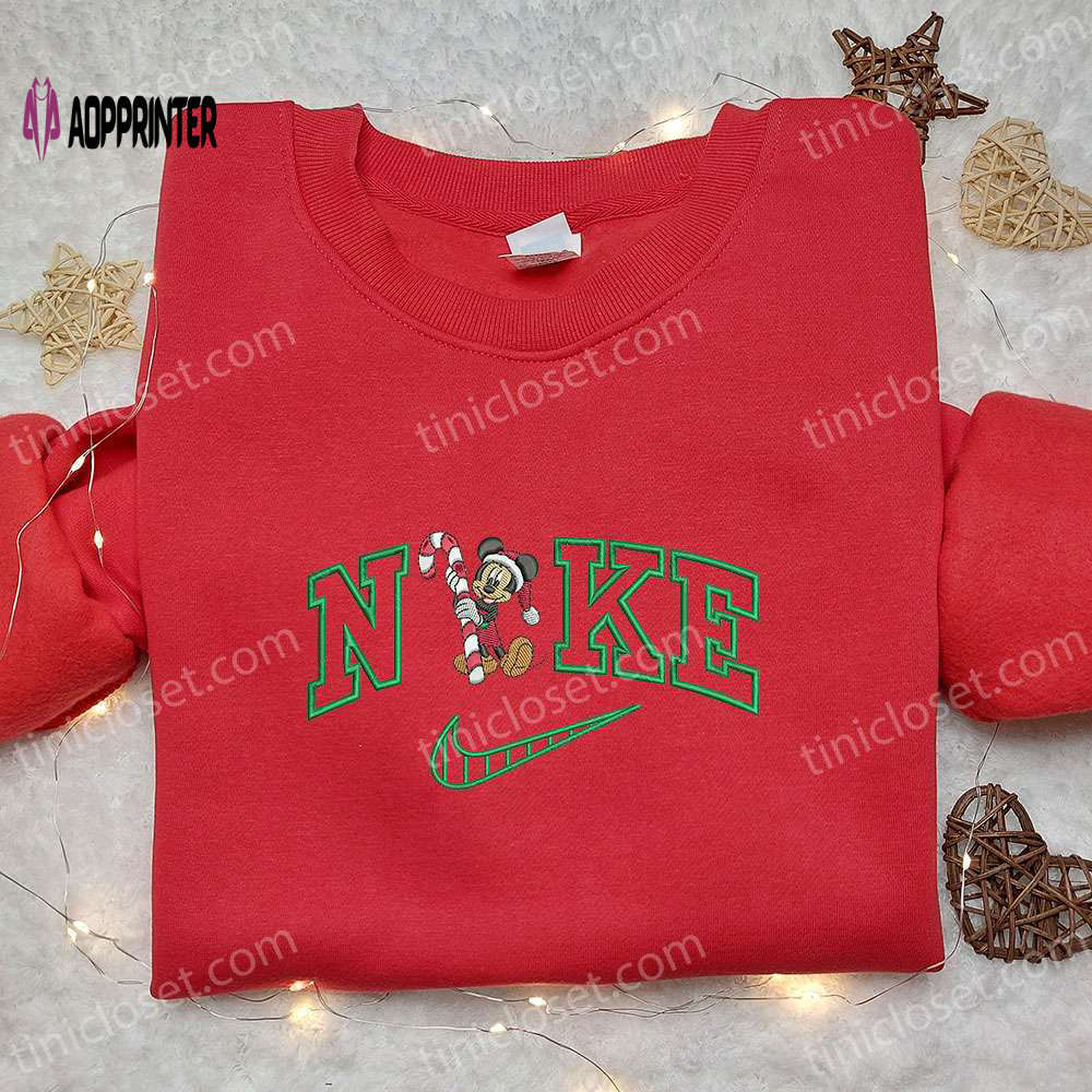 Mickey mouse candy cane xmas x nike embroidered tshirt: best christmas gift idea nike inspired shirt Embroidered Shirt