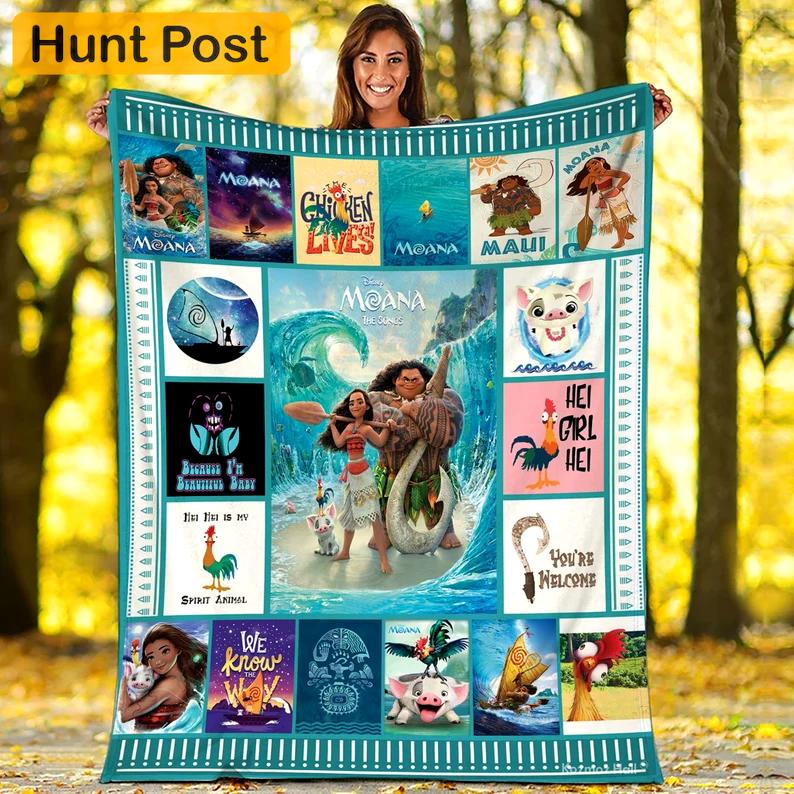 Moana fleece blanket, moana blanket, moana cartoon blanket, hei hei chicken pua pig, christmas gifts, birthday gifts for kids Quilt Blanket